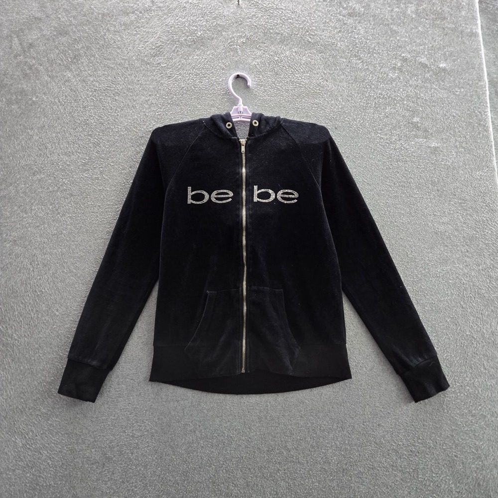 Bebe Women Jacket M Black Logo Velour Track Zipper Rhinestone Long Sleeve